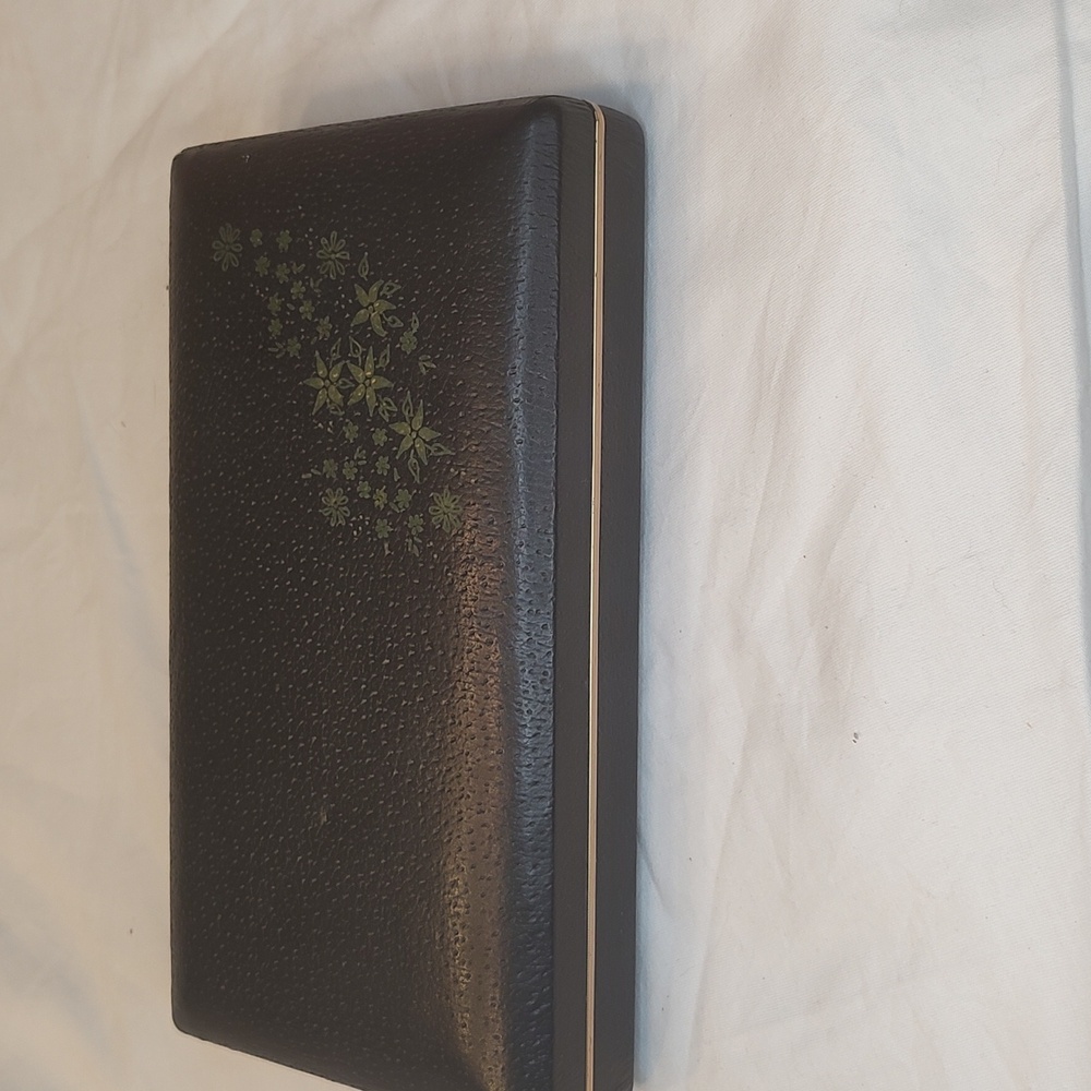 Vintage // Black Rectangular Jewelry Box, Red Satin, Velour, Floral Design 70s
